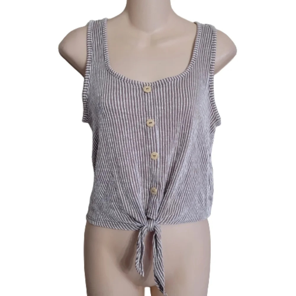 Caution To The Wind Brown White Stripe Front Tie Sleeveless Top Size Women's Med
